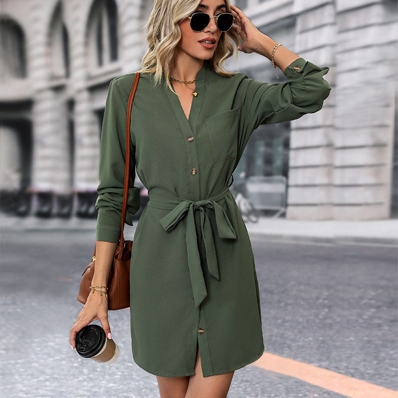 Women's shirt dress with tie belt, V-neck and cuffs Chichicherry