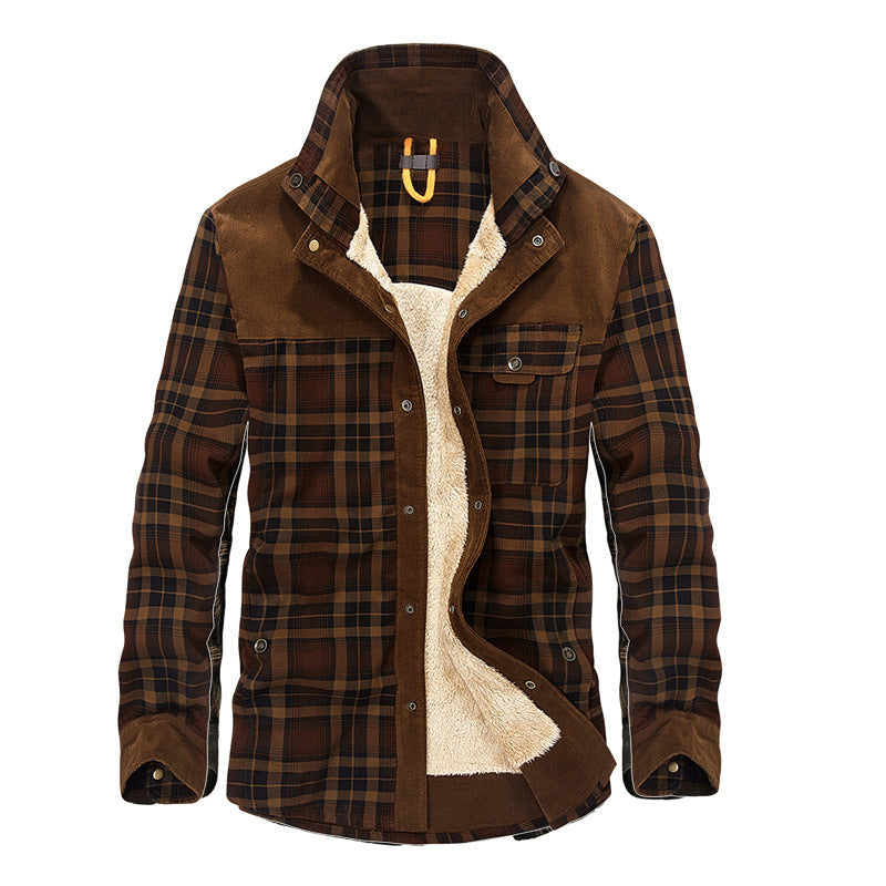 Men's Casual Flannel Field Shirt Jacket with Teddy Lining and Cord Trimming Chichicherry