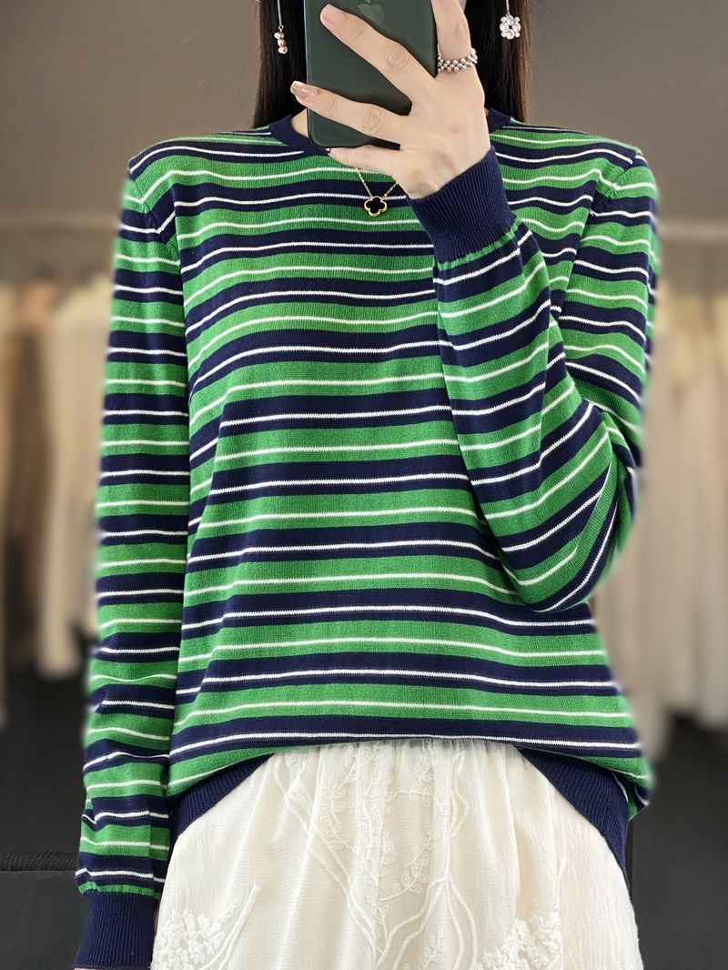 Women's Casual Striped Fine Knit Sweater with Boxy Silhouette and Contrasting Ribbed Cuffs Chichicherry