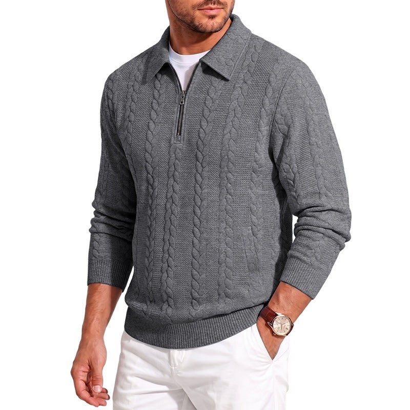 Men's finely structured knitted pullover with half-zip collar and cable pattern Chichicherry