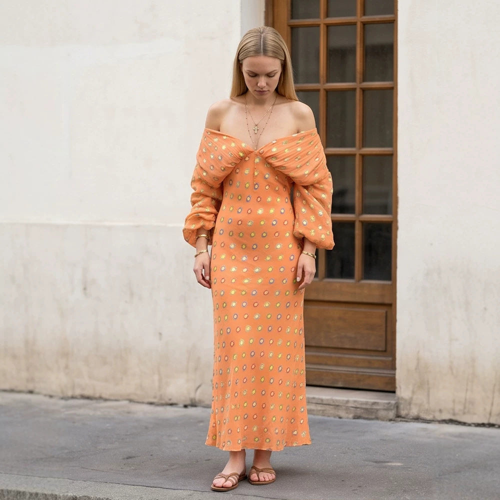 Women Elegant Off-Shoulder Maxi Dress with Twisted Front and Balloon Sleeves Chichicherry