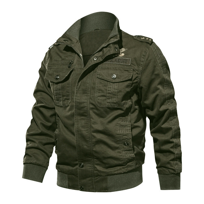 Men's field bomber jacket in military utility style with shoulder patches, ribbed cuffs, and patch chest pockets Chichicherry