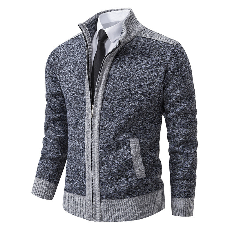 Men's cardigan with zipper, stand-up collar and contrast-trimmed shoulders Chichicherry