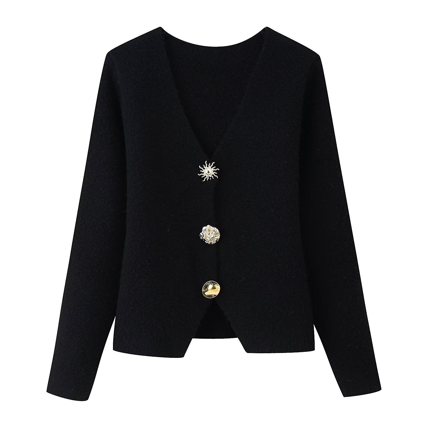 Ladies Elegant Short Cardigan made of Boucle knit with deep V-neck and decorative jeweled button placket Chichicherry