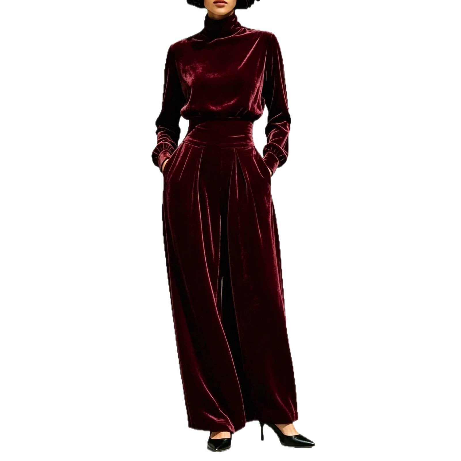 Women's velvet set with turtleneck top and high-waisted, wide pleated pants Chichicherry