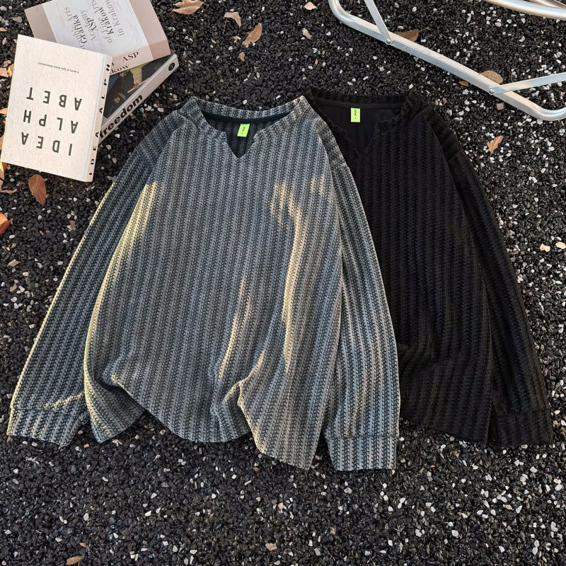 Damen Feinstrick-Pullover mit feiner Waffelstruktur, V-Notch-Ausschnitt und legerer Oversize-Passform Chichicherry
