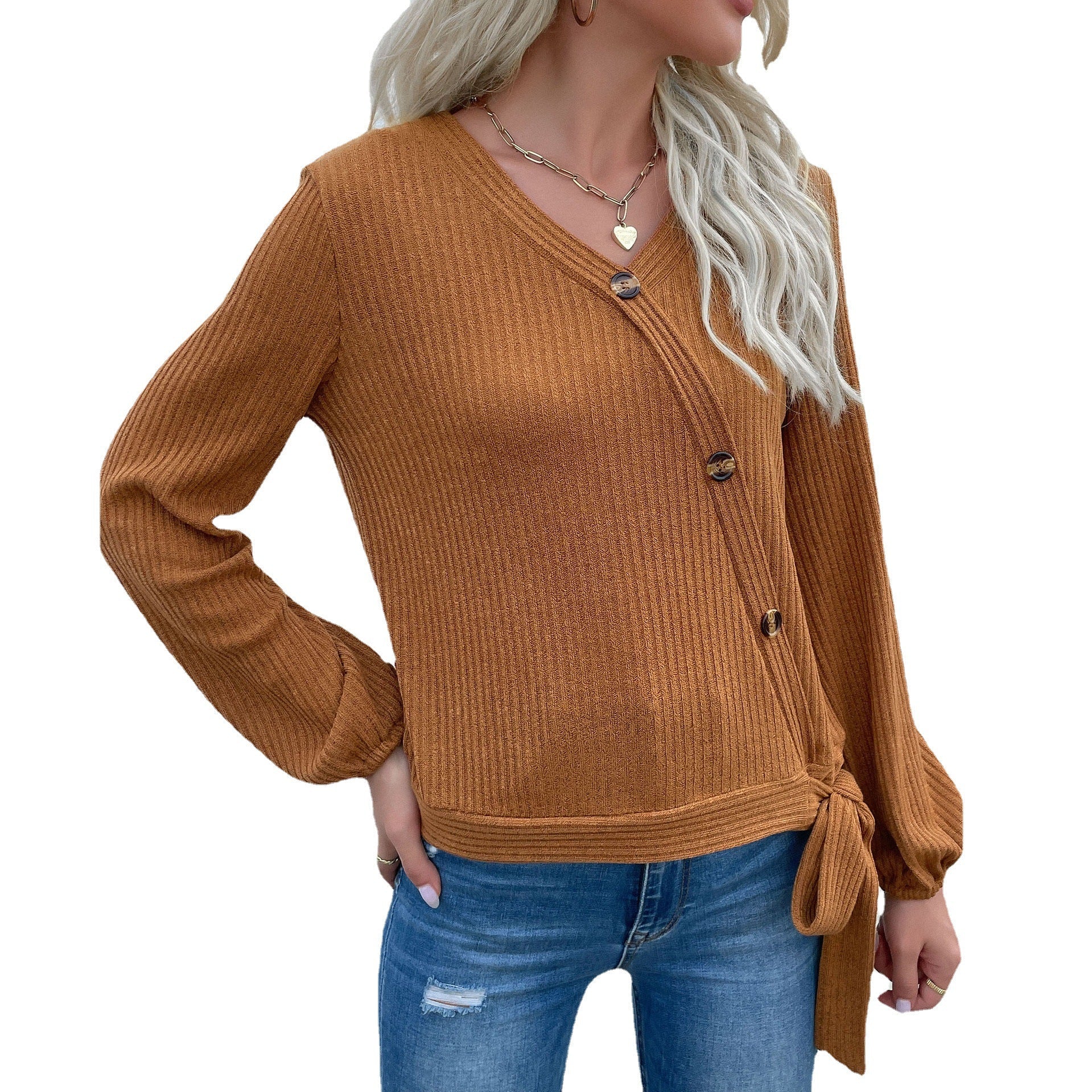 Women's Ribbed Wrap Cardigan with V-Neck, Asymmetrical Button Placket and Waist Tie Chichicherry
