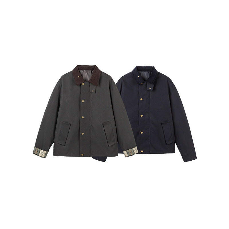 Men's Short Boxy Work Jacket made of sturdy canvas with cord collar and concealed snap button placket Chichicherry