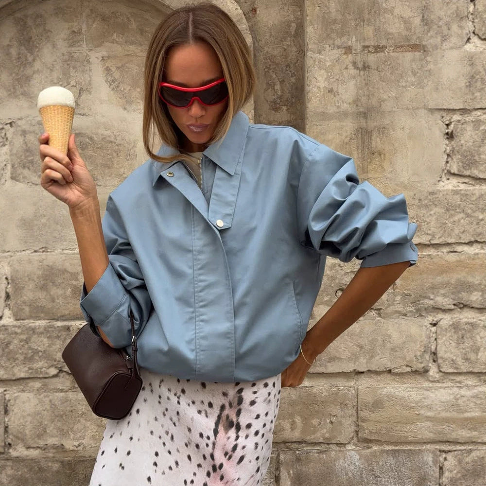 Women's Light Cropped Field Blouson Jacket with Concealed Snap Placket and Boxy Silhouette Chichicherry