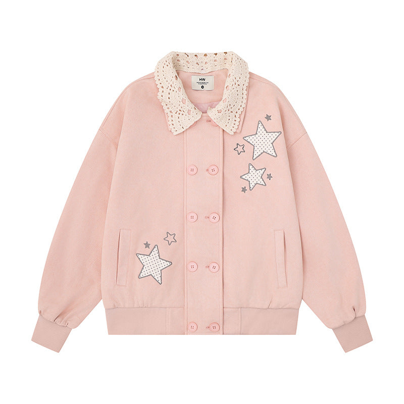 Women's buttoned oversized sweat jacket with crocheted collar and star appliqués Chichicherry