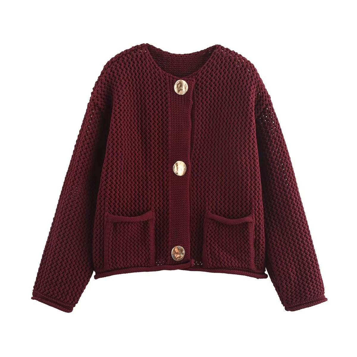 Women Short Cut Structured Cardigan with Gold Decorative Buttons and Patch Pockets Chichicherry