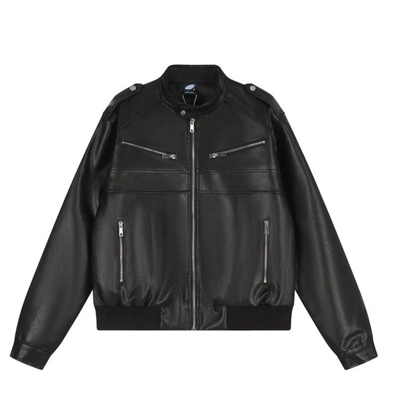 Women's short-cut faux leather bomber jacket with stand-up collar, shoulder flaps, and ribbed hem Chichicherry