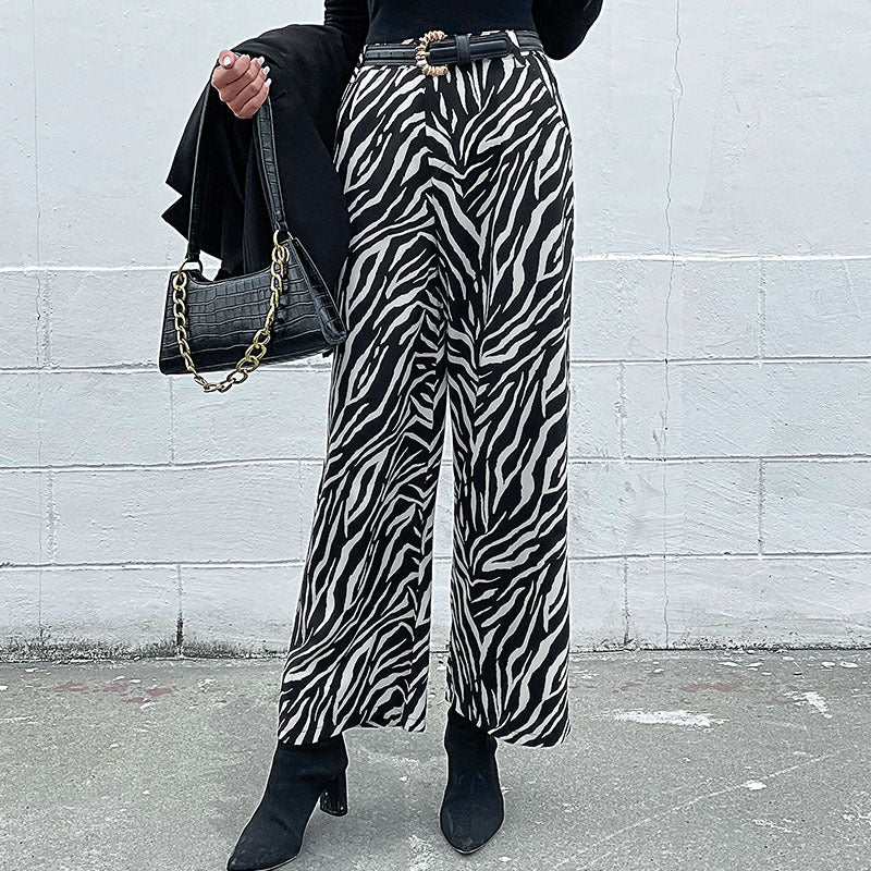 Women's Wide Palazzo Pants with Animal Zebra Pattern, High Waist and Belt Loops Chichicherry