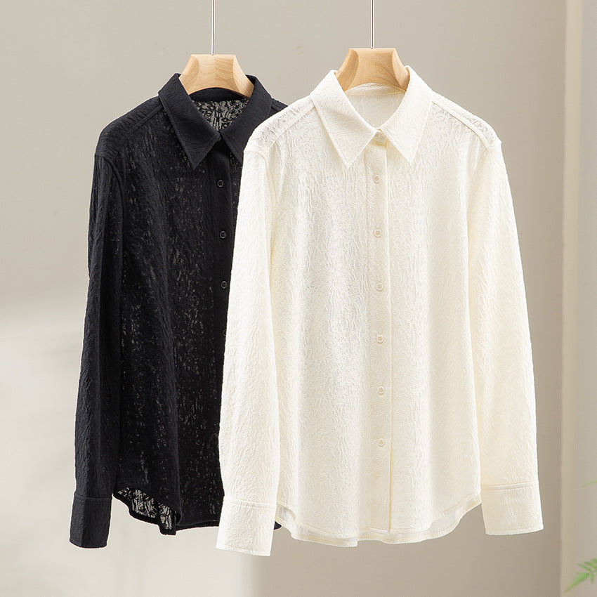 Ladies Textured Oversized Shirt Blouse with Shirt Collar and Cuffs Chichicherry