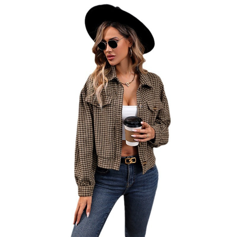 Women's Short Oversized Shacket with Houndstooth Pattern, Chest Pockets & Button Placket Chichicherry