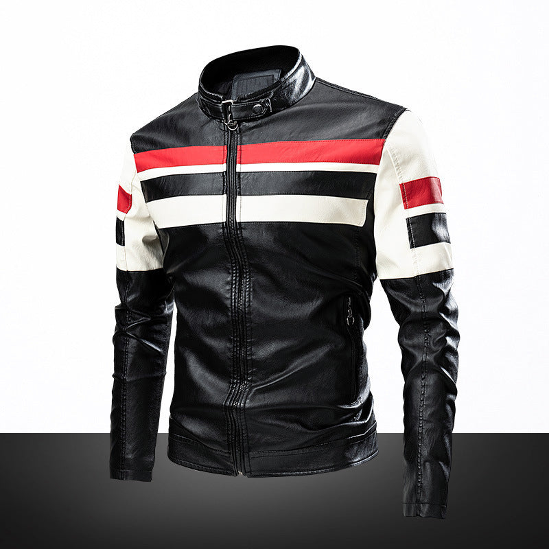 Men's retro-inspired motorcycle leather jacket with racing stripes and stand-up collar Chichicherry
