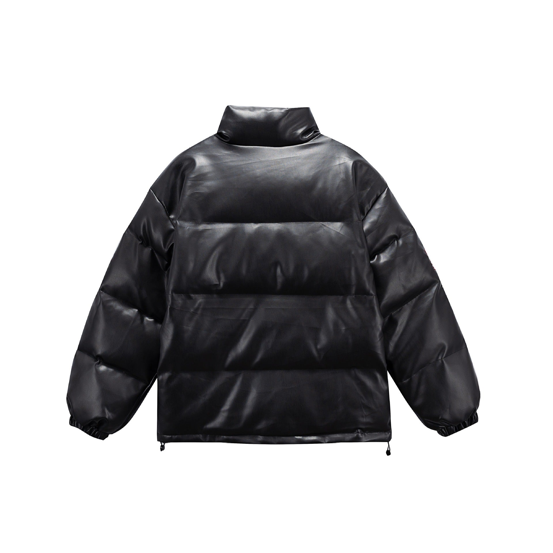 Unisex Short padded college puffer jacket with high stand-up collar, appliqués and drawstring hem Chichicherry