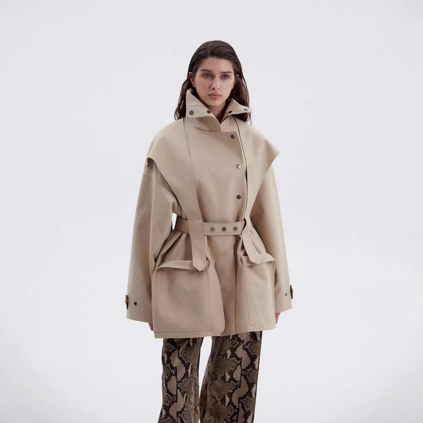 Women's Tailored Transition Jacket with Stand Collar, Shoulder Cape and Belt Chichicherry