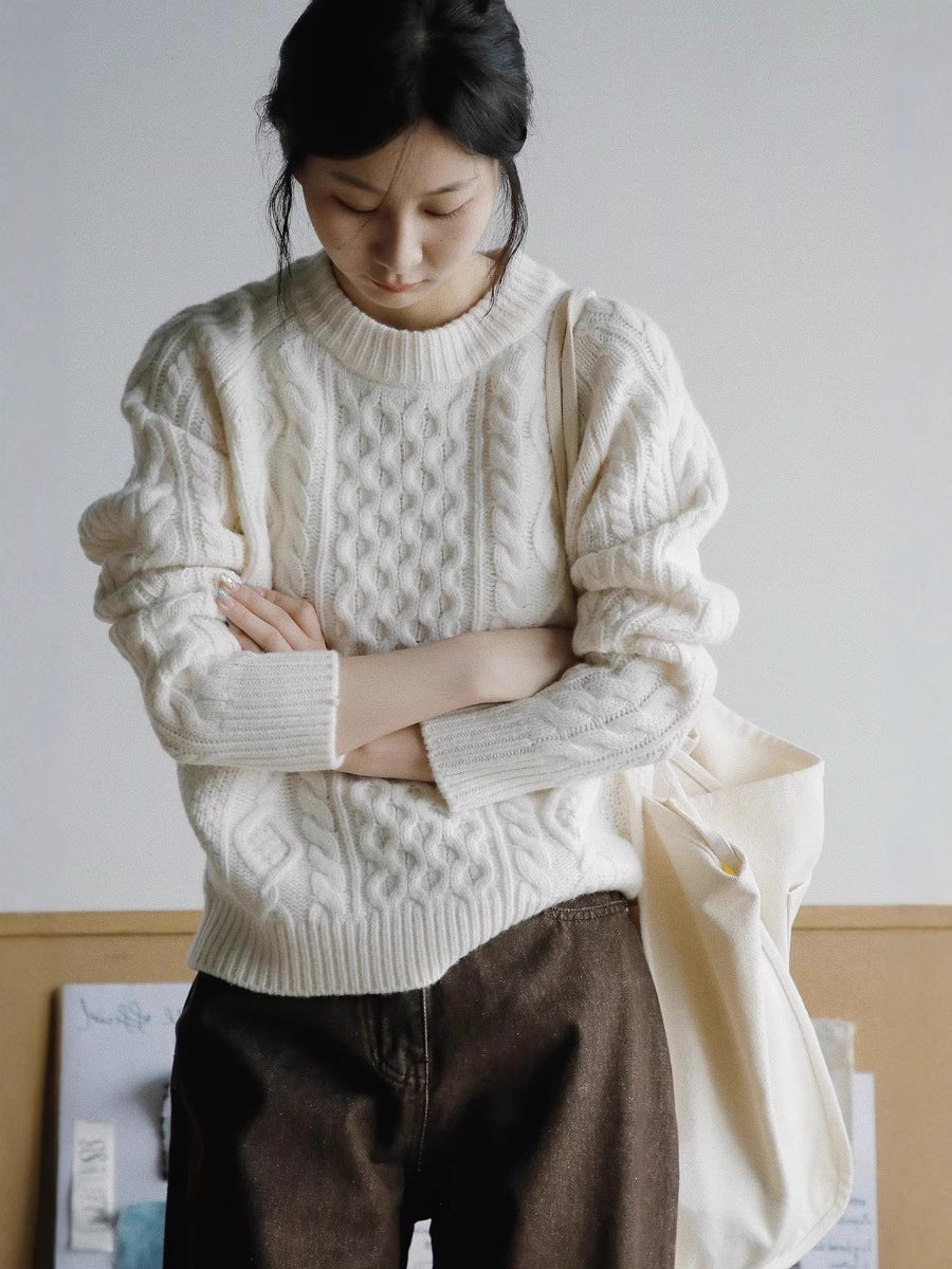Women's Structured Cable Knit Sweater Made of Merino Blend with Ribbed Finishes and Boxy Fit Chichicherry