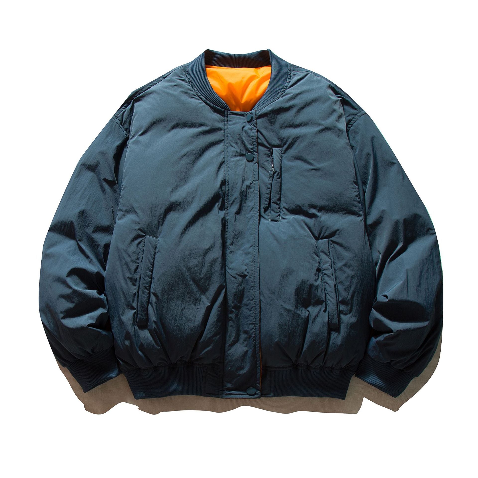 Men's Voluminous Boxy Bomber Jacket with Padded Insulation and Subtle Chest Zipper Pocket Chichicherry
