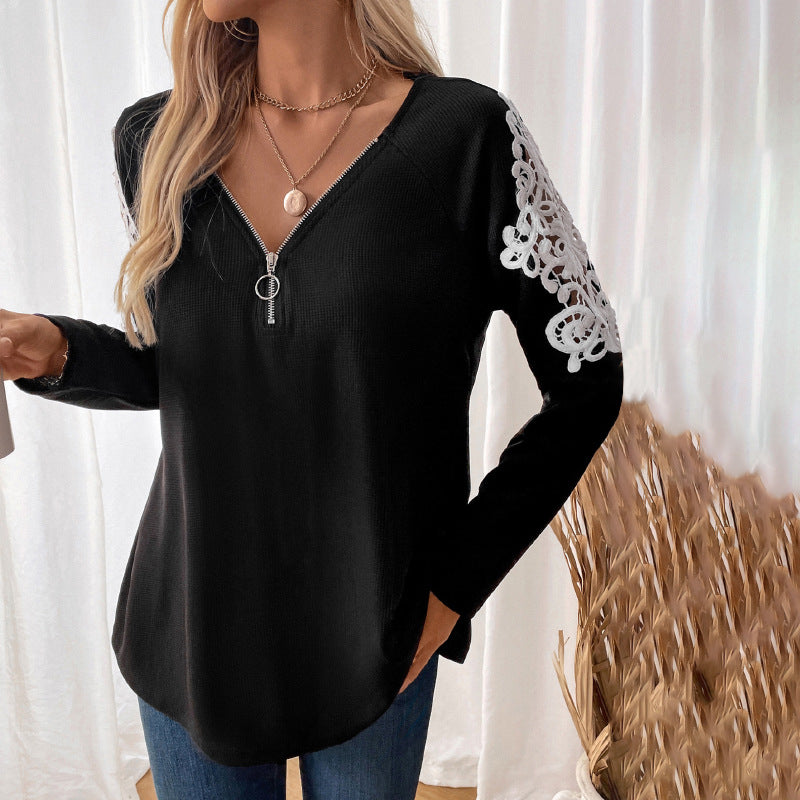 Women's Long Sleeve Tunic with V-Neck, Zipper and Floral Lace Sleeves Chichicherry