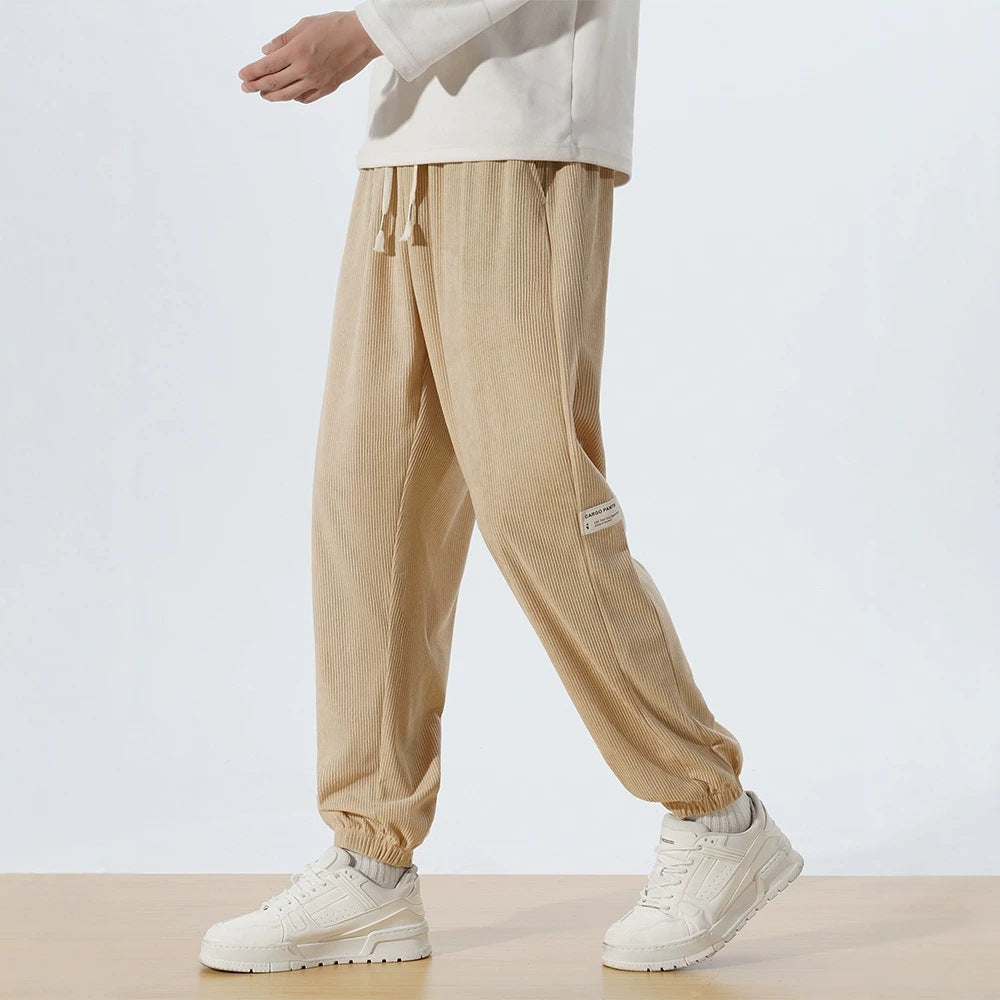 Men's Relaxed-Fit Cord Jogging Pants with Drawstring, Elastic Ankle Cuffs & Cargo Detail Chichicherry