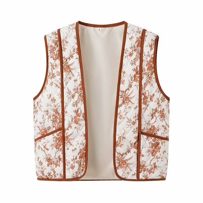 Women's light quilted vest with floral print, V-neck and side pockets Chichicherry