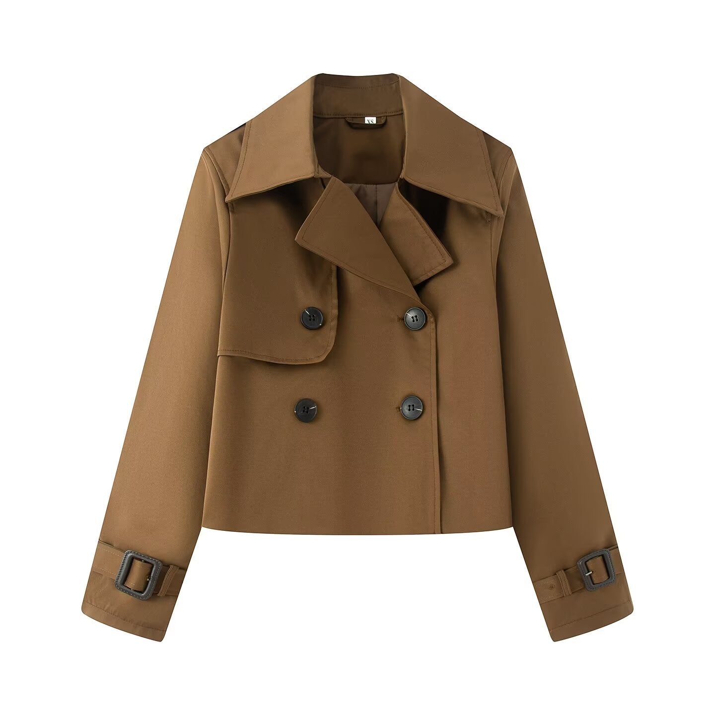 Women Cropped Double-breasted Trench Coat with Wide Lapels and Adjustable Cuffs Chichicherry