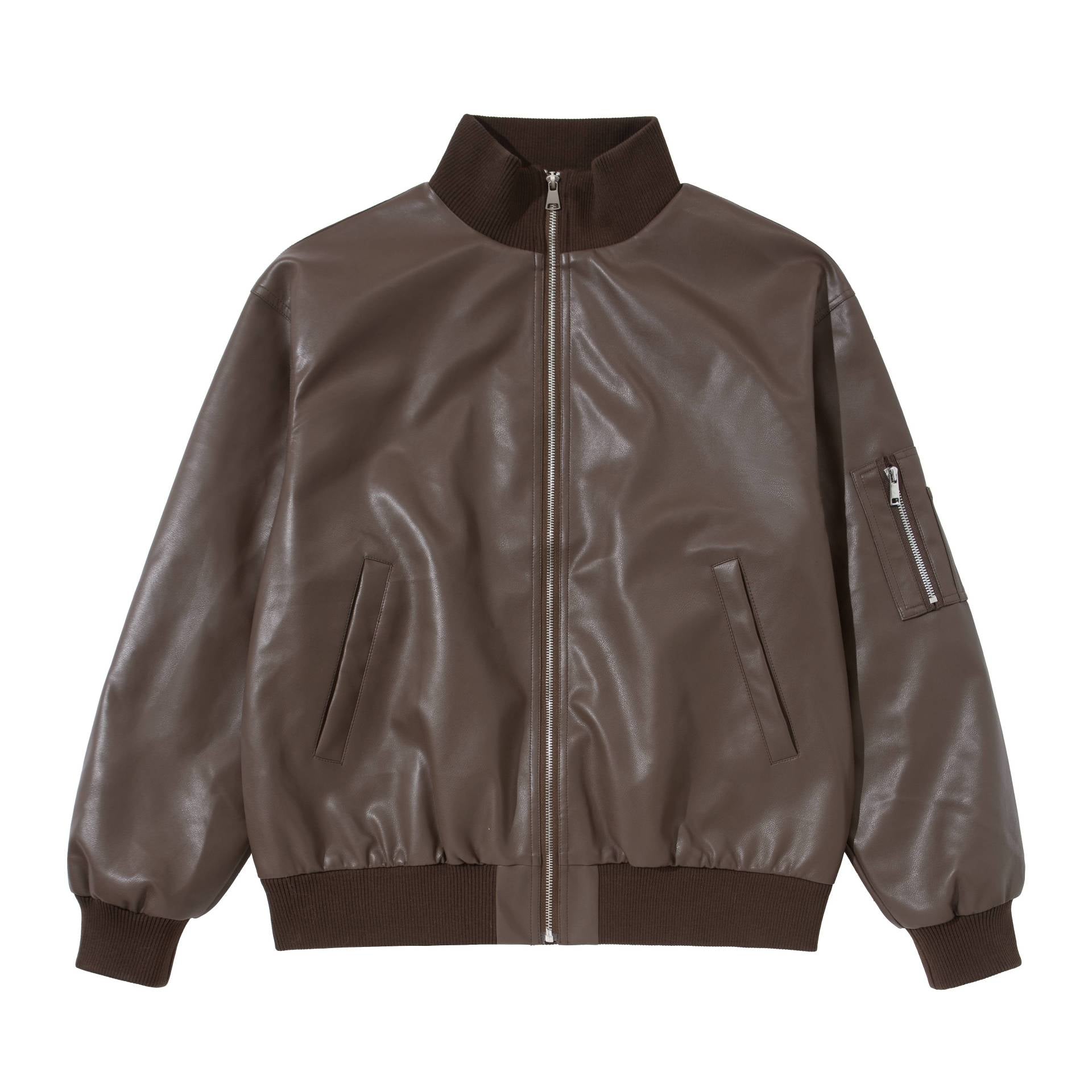 Men's faux leather bomber jacket in boxy cut with high ribbed collar and sleeve utility pocket Chichicherry