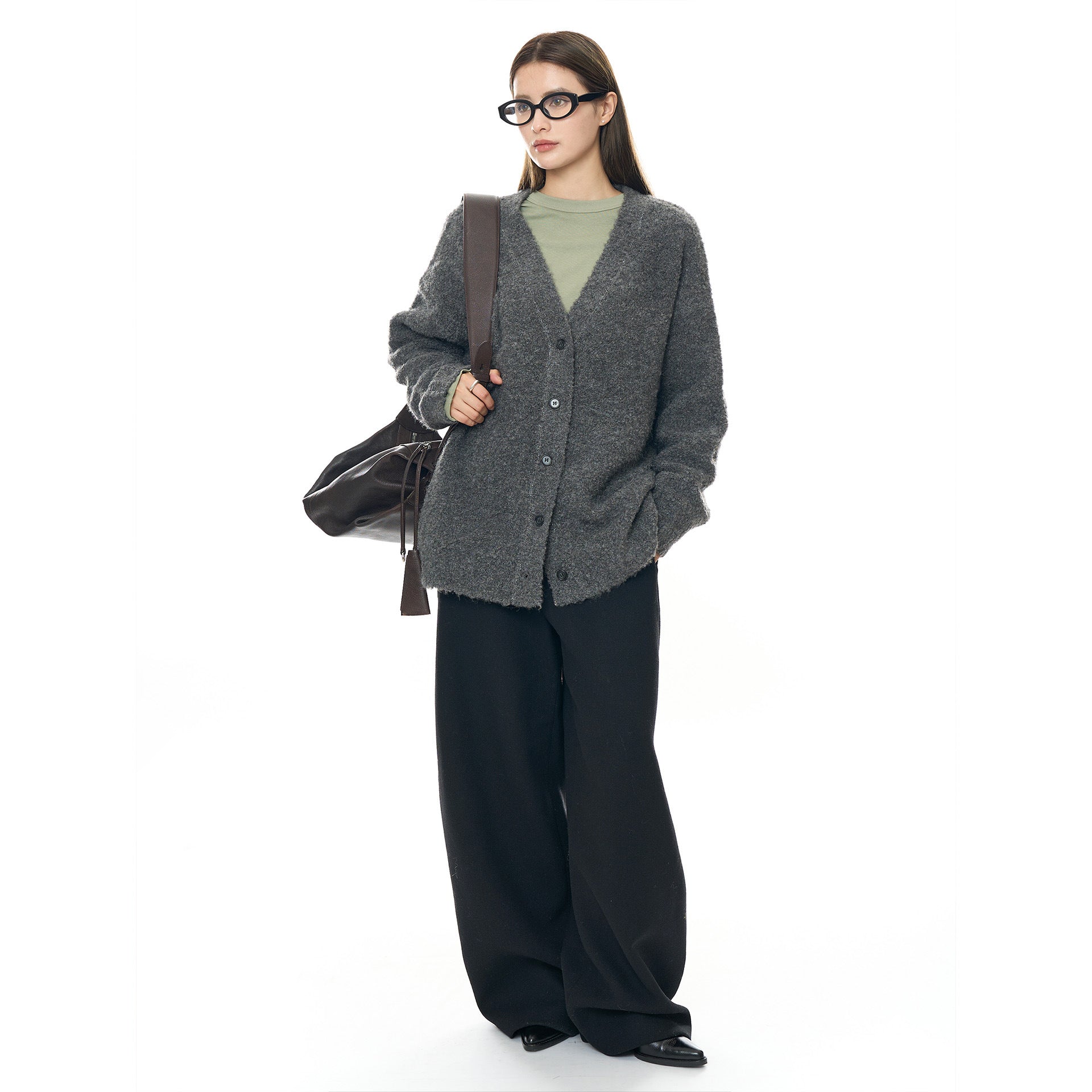 Ladies Boxy Cardigan made of fluffy bouclé wool blend with deep V and button placket Chichicherry