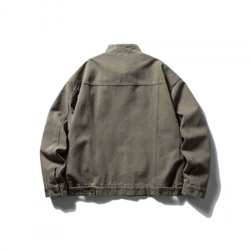 Men's Boxy Canvas Jacket with Stand-Up Collar, Zipper and Seam Panels Chichicherry
