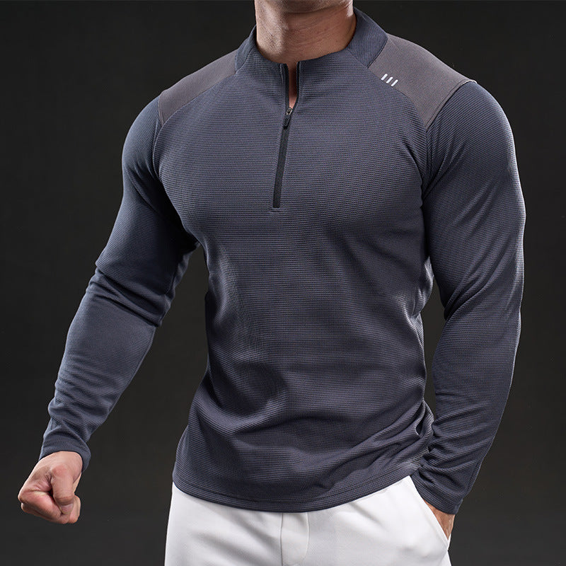 Men's Slim-Fit Sporty Long Sleeve Training Shirt with Half-Zip and Textured Fabric Chichicherry