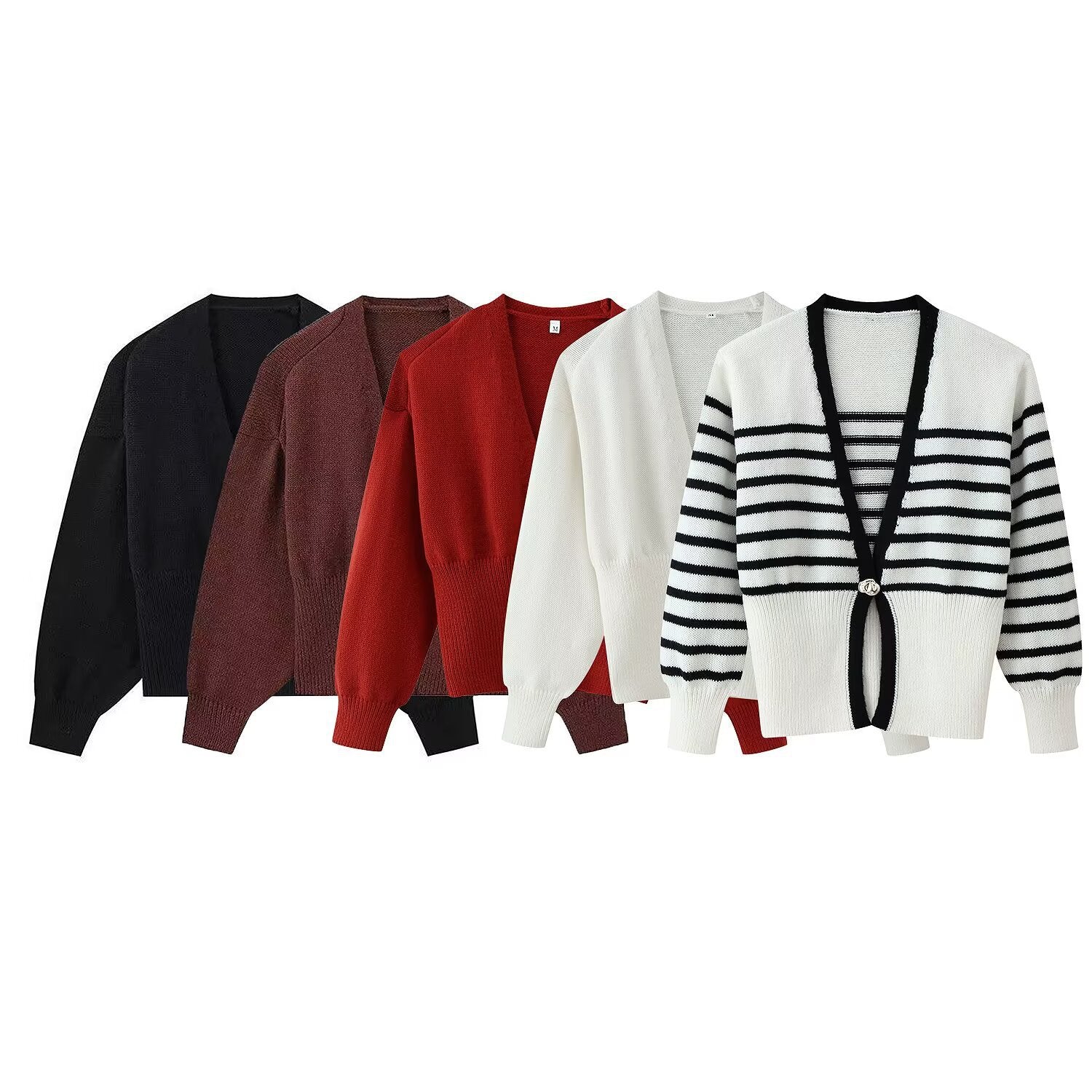 Women Short V-Neck Cardigan with Balloon Sleeves and Decorative Button Chichicherry