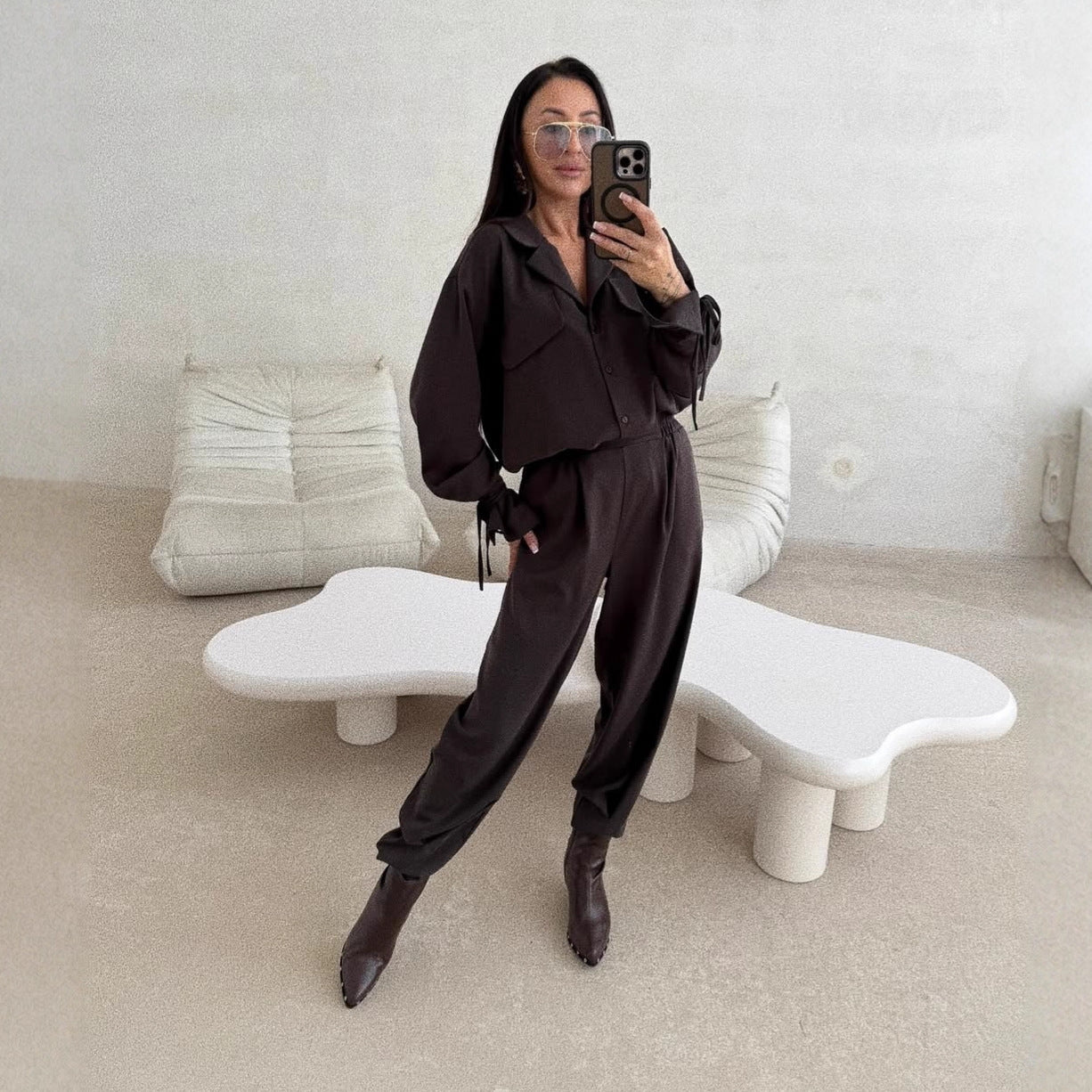 Damen Zweiteiliges Loungewear-Set mit Oversized-Bluse, Pattentaschen, Kordelmanschetten und hochtaillierter Jogpant Chichicherry