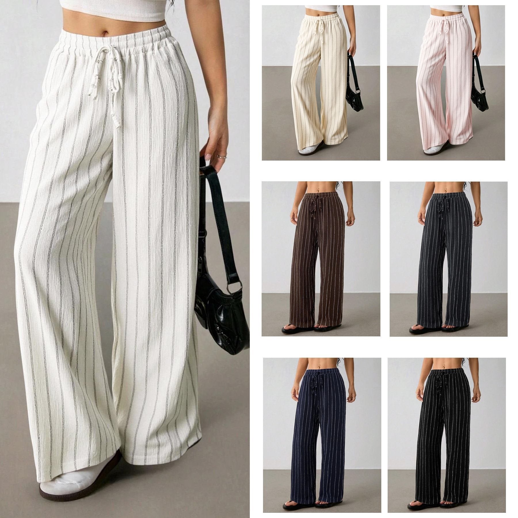 Women's Wide Knit Pants with High Waist and Drawstring Chichicherry