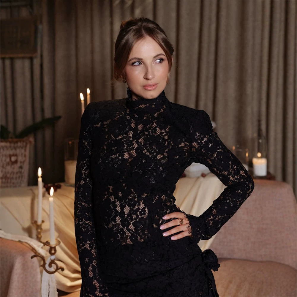 Women's lace mini dress with stand collar, transparent lace & gathered side panel Chichicherry