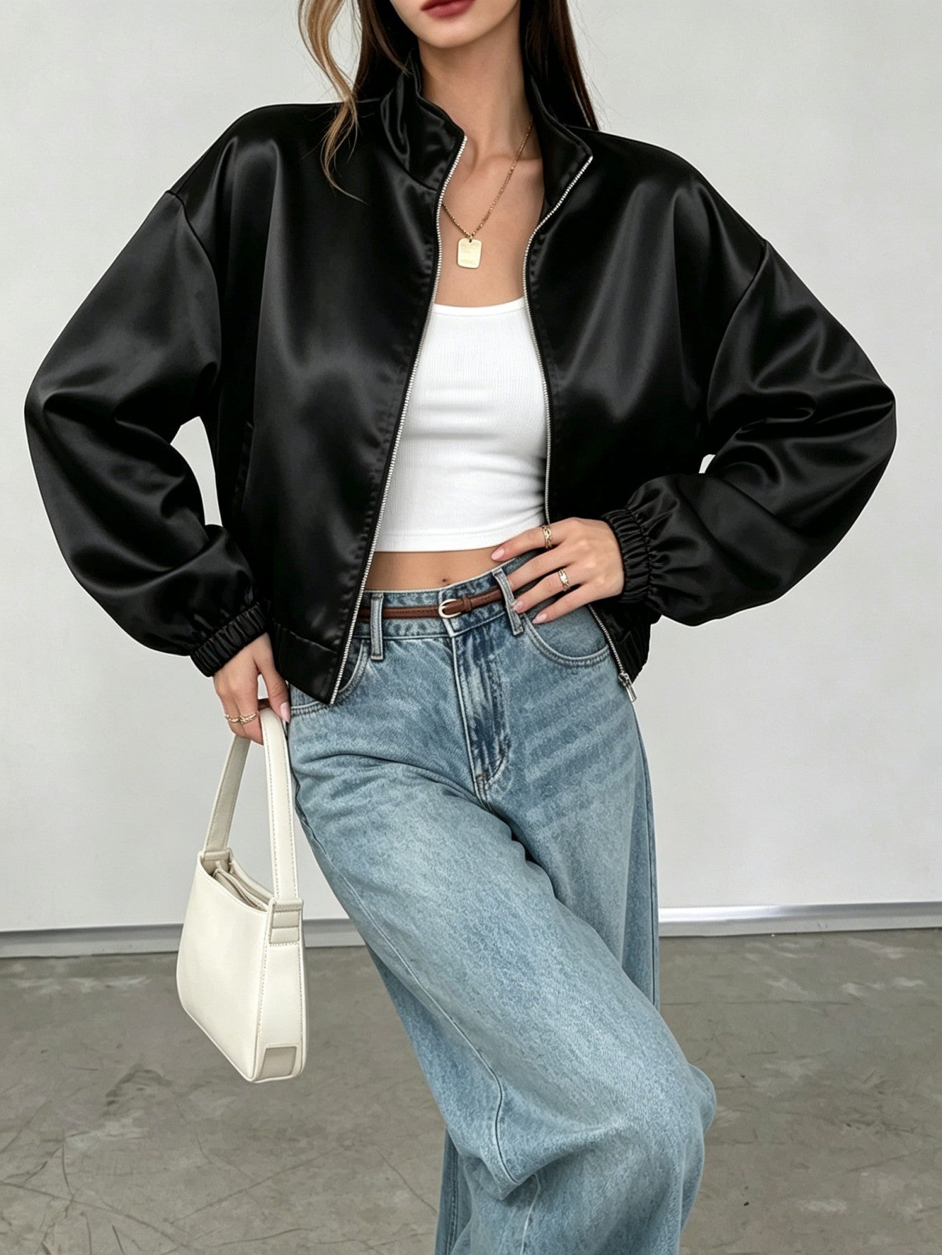 Women's Short Satin Bomber Jacket with Stand-up Collar and Zipper