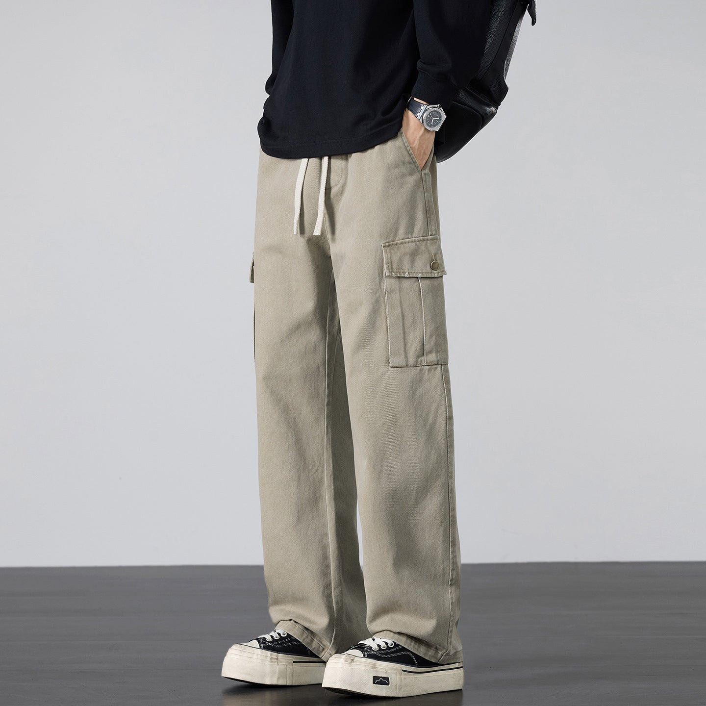 Men's Loose Cargo Pants with Drawstring Waist and Multiple Pockets Chichicherry