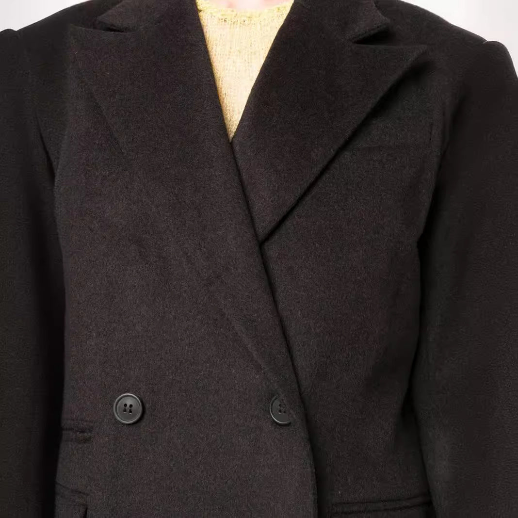 Women's Maxi Long Double-Breasted Wool Blend Coat with Structured Shoulders and Flap Pockets Chichicherry