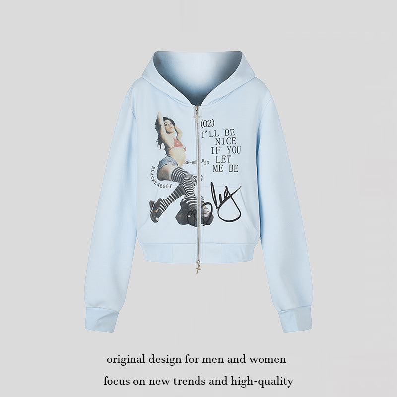 Women's Hooded Sweat Jacket with Photo Print, Short Cropped Cut and Cross Zipper Chichicherry