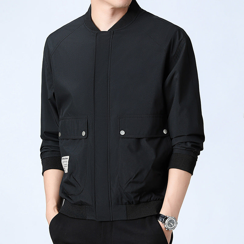 Men's Lightweight Utility Bomber Jacket with Concealed Zipper, Flap Pockets, and Ribbed Cuffs Chichicherry