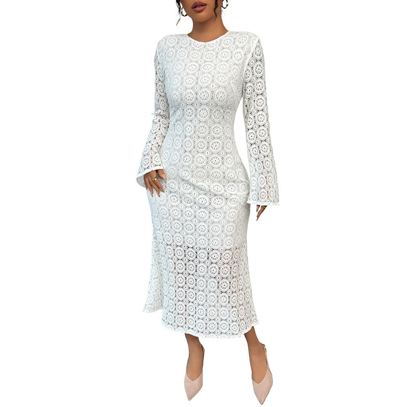 Ladies' midi dress made of crochet lace with a fitted silhouette, trumpet sleeves, and flared hem Chichicherry