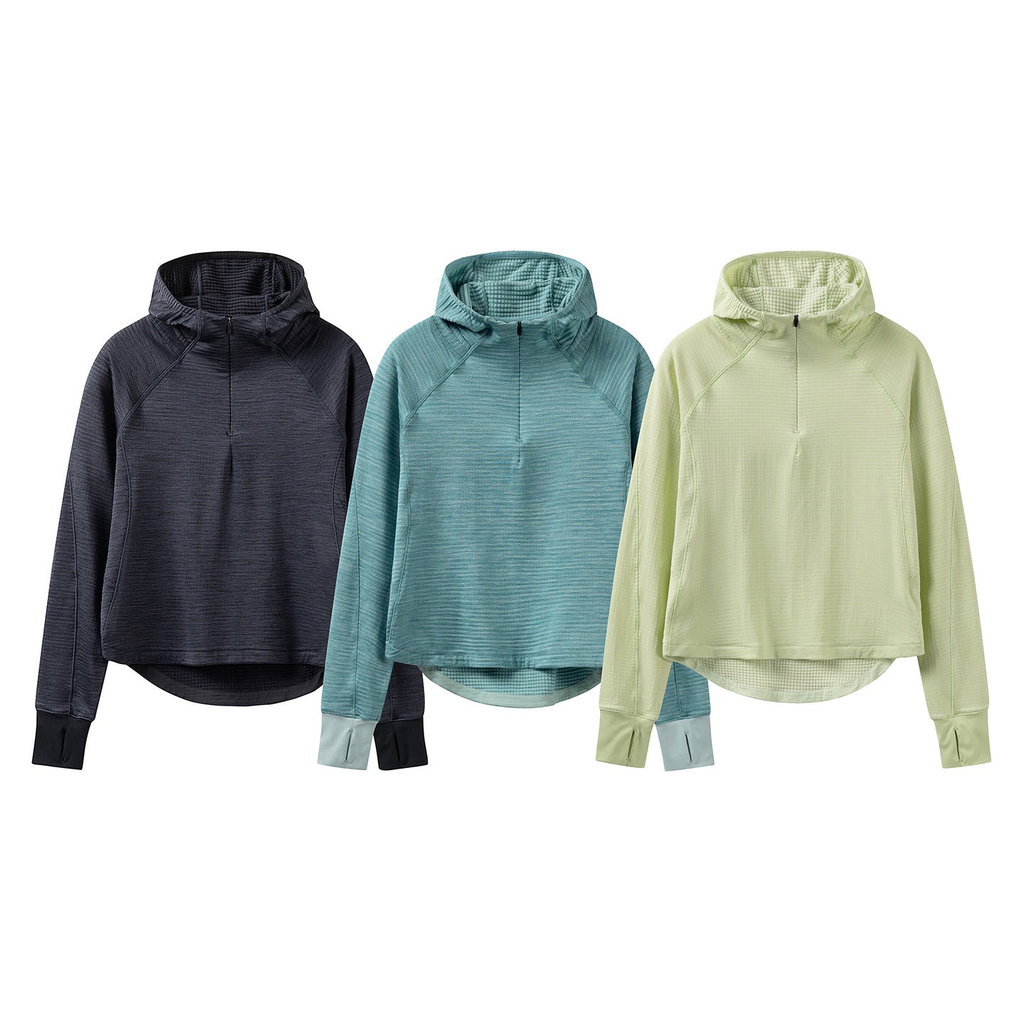 Women’s Hooded Half-Zip Pullover with Waffle-Lined Inner Hood, Thumbholes, and Extended Back Partie Chichicherry