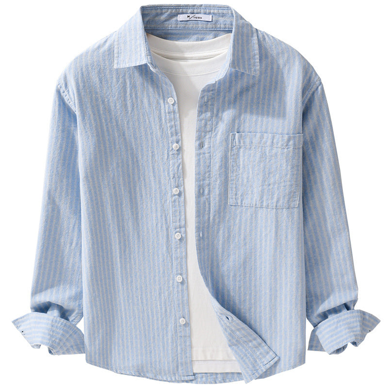 Men Breathable Cotton Long Sleeve Shirt with Fine Mélange Stripes and Chest Pocket Chichicherry