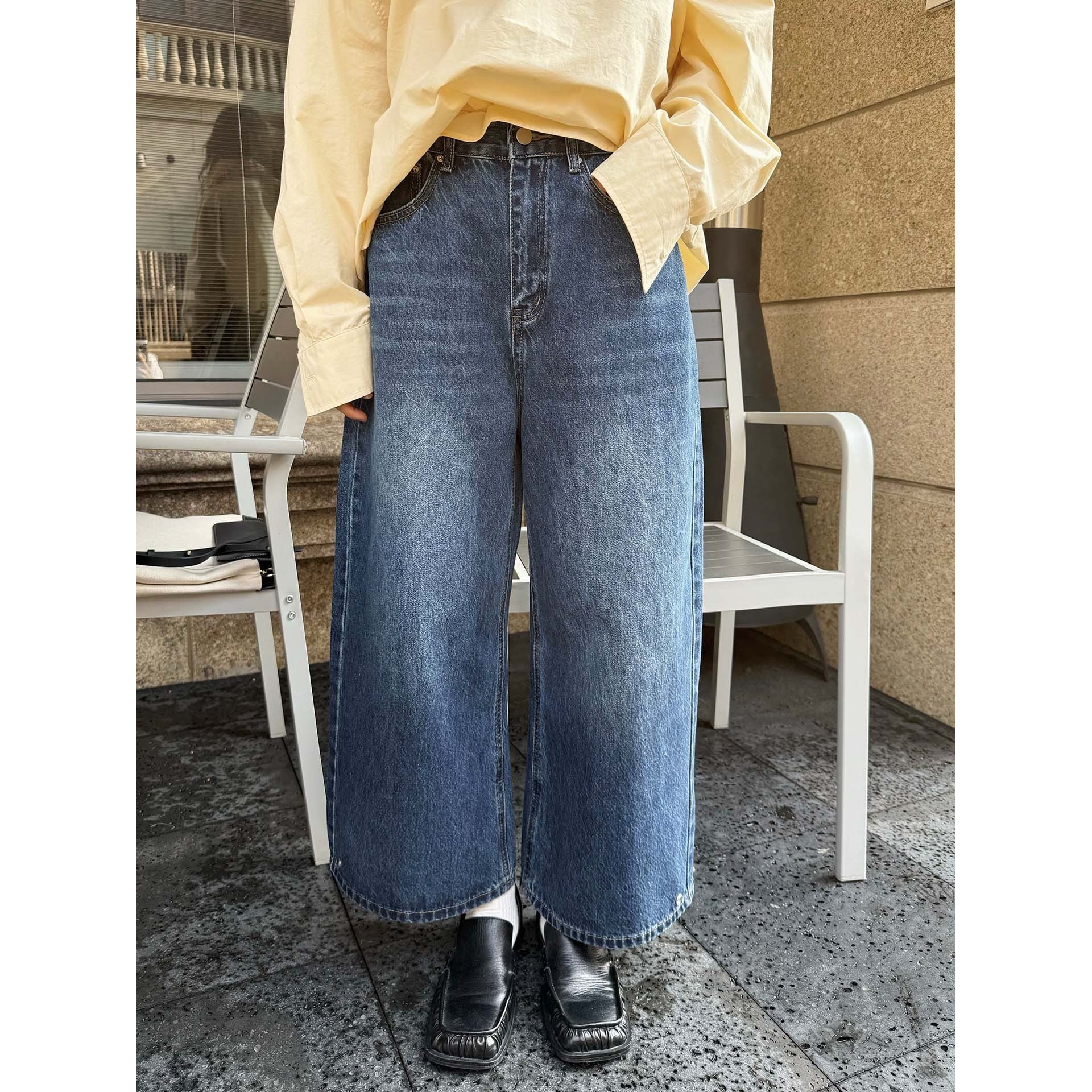 Women's Loose High-Waist Denim Baggy Pants with Snap Hem Chichicherry