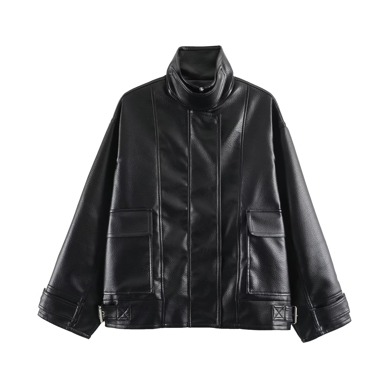 Women's Oversized Faux Leather Field Jacket with High Stand Collar and Flap Pockets Chichicherry