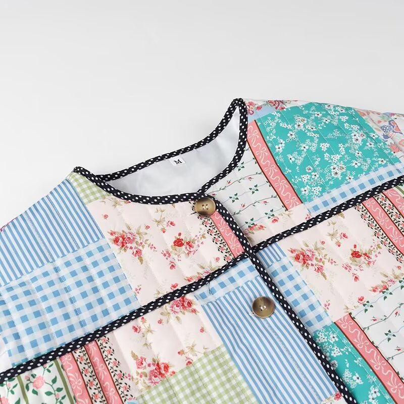 Women's quilted patchwork jacket with round neckline, decorative trim and front buttons Chichicherry