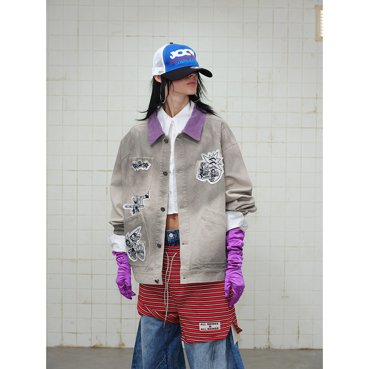Unisex Traditionally tailored chore jacket made of cotton canvas with artistic patch applications and cord collar Chichicherry