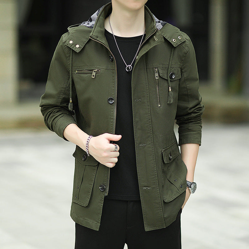 Men's lightweight canvas field jacket with hood, multifunction pockets and zipper Chichicherry
