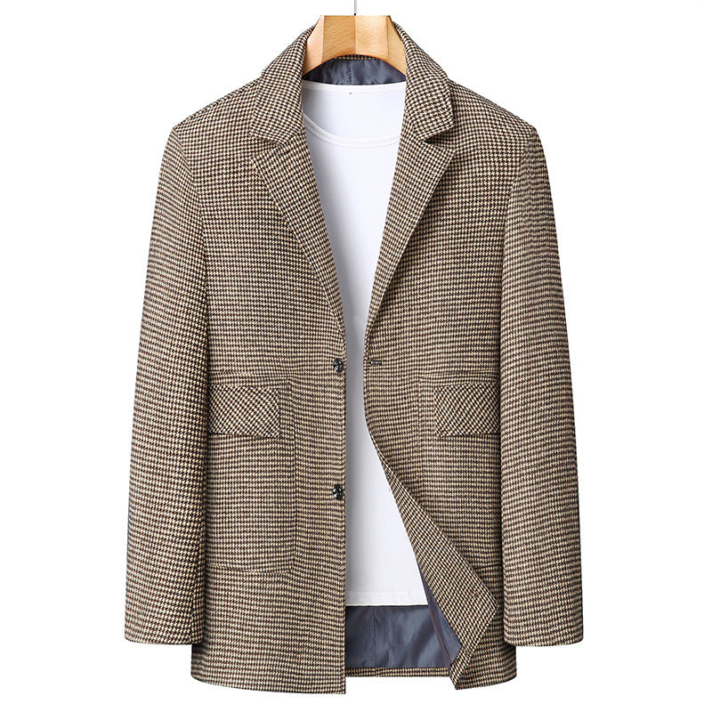 Men's Single-Breasted Short Coat made of Wool Blend with Houndstooth Pattern and Lapel Collar Chichicherry